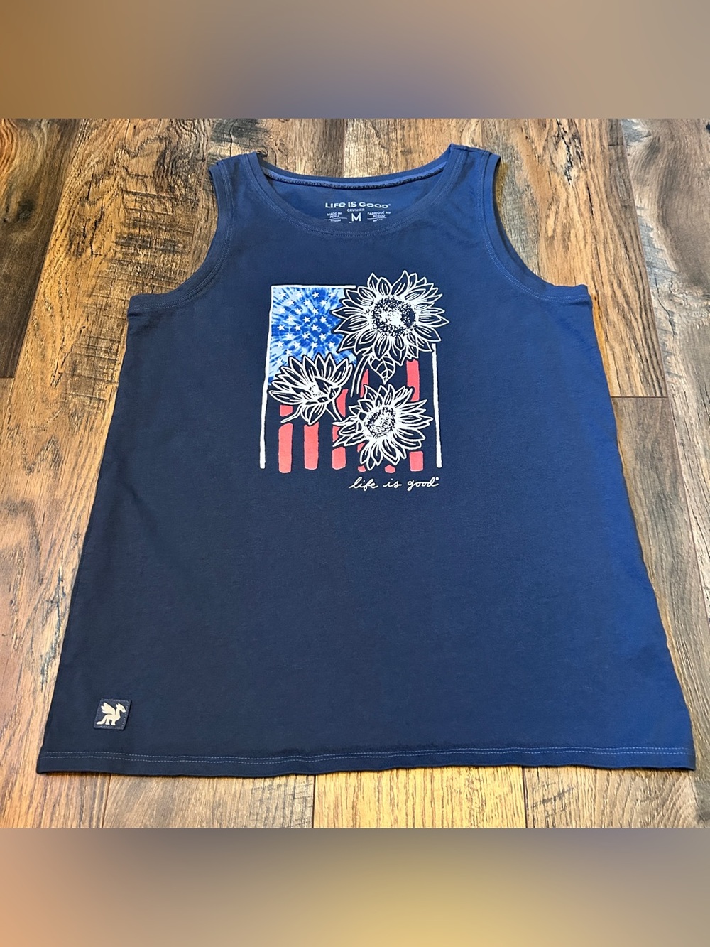 ~*~ Life Is Good Women’s Navy Tie Dye Sunflower Flag Crusher Tank M ~*~